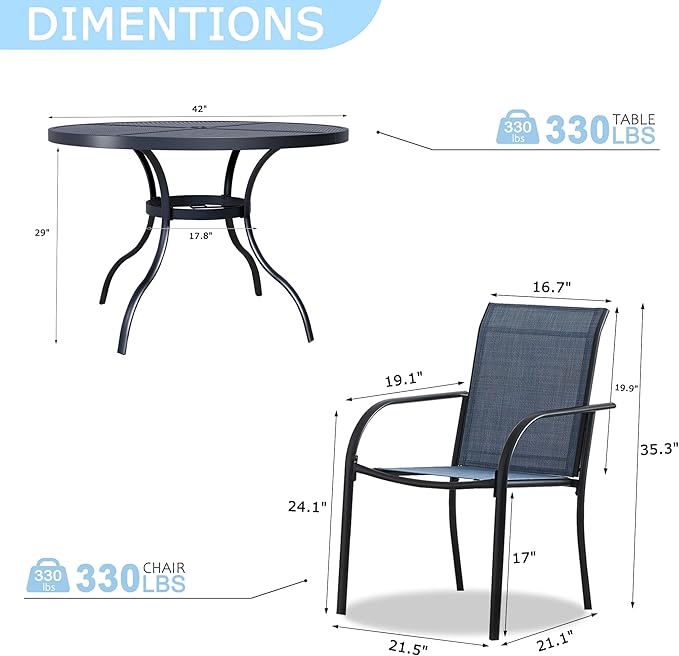 5 Pieces Round Dining Table Set for 4, Patio Dining Set Includes 4 Dark Blue Stackable Patio Chairs and 1 Black Mesh Round Table, Patio Furniture Sets with Sling Support for Outside, Garden