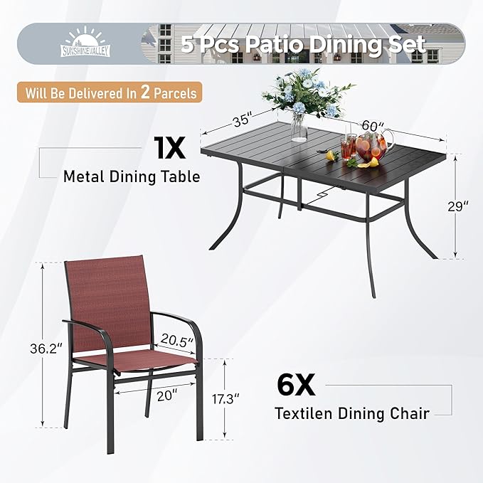 Patio Dining Set 7 PCS, Rectangular Steel Dining Table with 1.57" Hole, Red Stable Dining Chairs for 6,Patio Table and Chairs for Outdoor Lawn Garden,Deck.