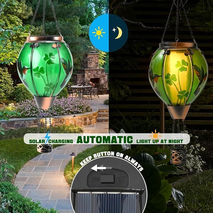 St Patricks Hot Air Balloon Solar Lantern - Patrick's Shamrock Glass Lantern, Simulated Flickering & Dancing Flame, Outdoor Hummingbird Hanging Yard Light for Patio Porch Decor Irish Clover Gift