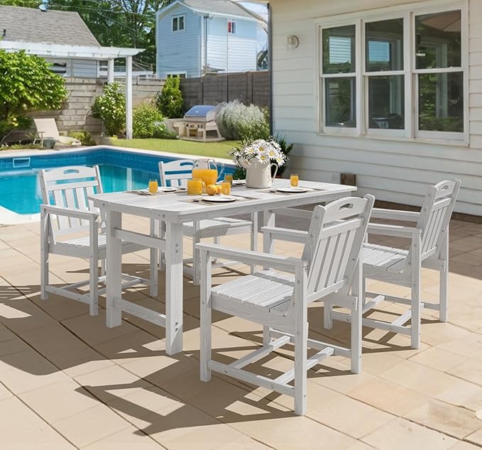 Ciokea HDPE Outdoor Dining Set 5-Piece Patio Table and Chairs with Umbrella Hole, All-Weather Patio Dining Set for 4, Durable Patio Furniture Set for Backyard, Garden, Lawn & Poolside, White