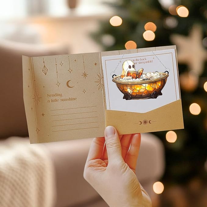 Cute Ghost Book Acrylic Suncatcher Stained Glass Effect Window Car Hanging Christmas Ornament Indoor Outdoor Decor Garden Sun Catcher Panel for Halloween Lover for Women Mom Grandma