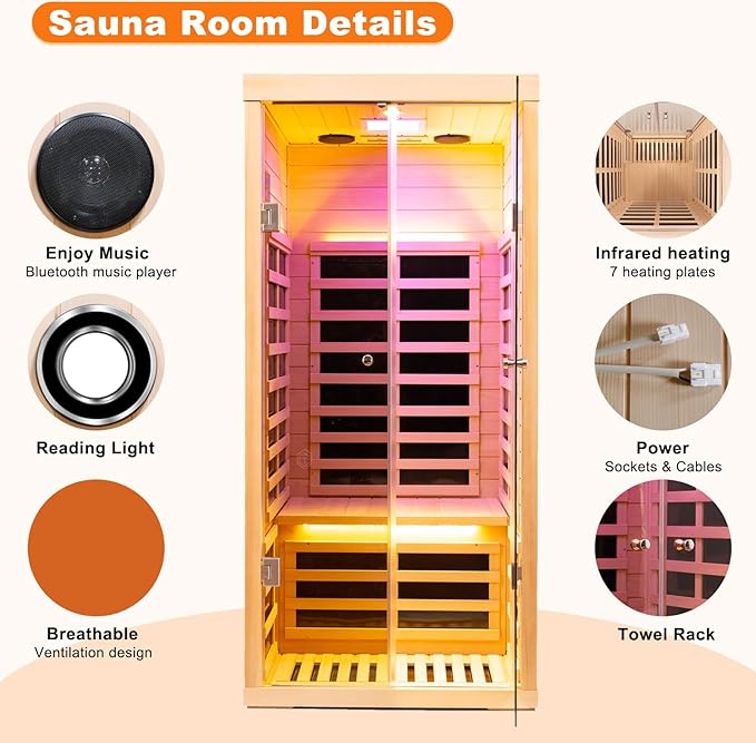 Indoor Infrared Sauna, 1 Person Hemlock Wood Low EMF Far Infrared Saunas, Personal Sauna Room Box with APP Control, Glass Door, Blue-Tooth, LCD, LED Reading Light, 7-Color Light Therapy