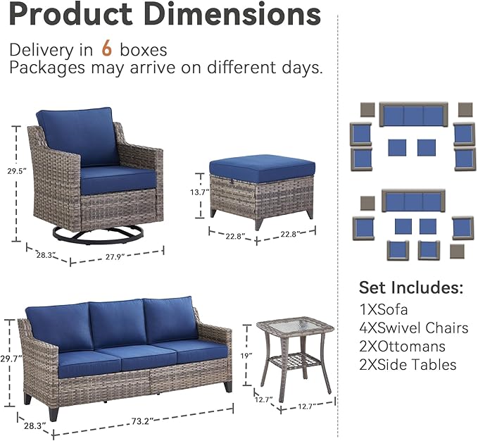 Patio Furniture Set, 9 Pieces Outdoor Wicker Rattan Sofa Couch with Swivel Rocking Chair, Side Table, Ottomans and Comfy Cushions, All Weather Patio Conversation Sets, Suit for Porch Deck