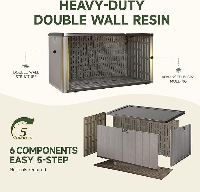 120 Gallon All-Weather Deck Box, Lockable Waterproof Resin Storage with UV Resistance for Patio Furniture, Garden Tools, Pool Accessories (Brown)