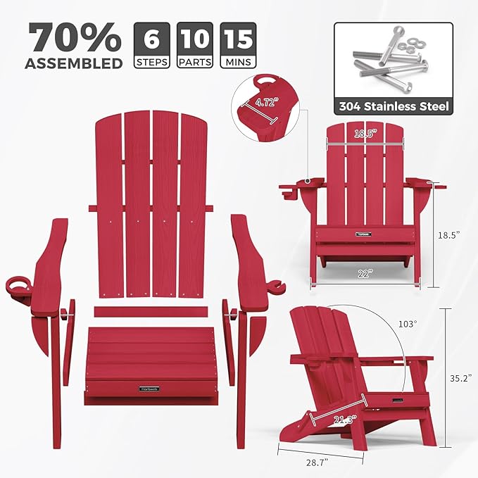 Folding Adirondack Chair with Wood Texture, HDPE All-Weather Fire Pit Chairs, Plastic Adirondack Chairs with 2 Cup Holder, Outdoor Lawn Chair for Patio Garden (Red)
