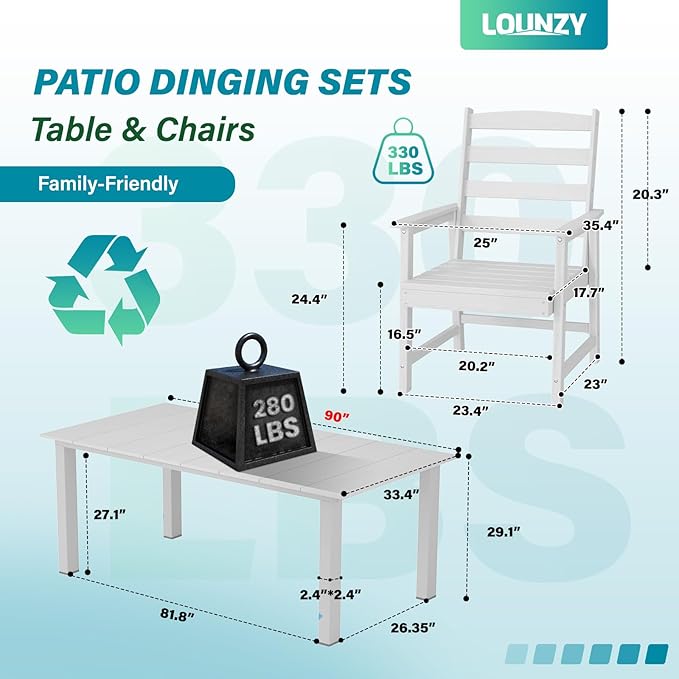 LOUNZY 9 Pieces Patio Dining Sets, 90'' Table Outdoor HDPE Furniture Set w/ 2" Hole Cut-Out Dining Table with 8 Patio Chairs for Lawn, Pool and Yard, White