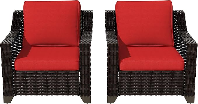 Vista Vibe 2 Pieces Outdoor Armchairs, Patio Conversation Furniture Set, Washable Cushions, Luxurious Hand-Woven PE Rattan, Garden, Bistro, Deck, Backyard (Brown/Red)