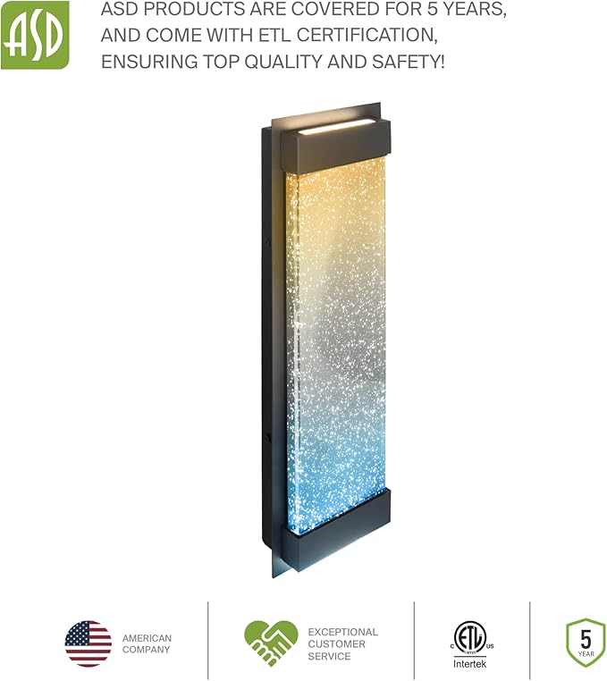 ASD LED 12 Inch Bubble Glass Wall Light Fixture | 22W 500LM 3000K-5000K 120V | 3CCT, Waterproof, Dimmable, Up-Down Glow, ETL Listed | Exterior Flush Mount Sconce, Outdoor-Indoor Lighting | Black