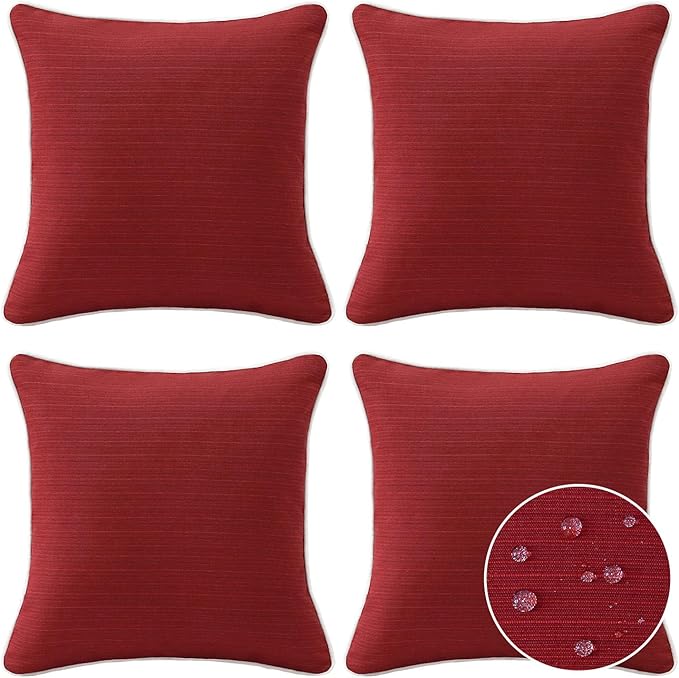 Decorative Outdoor Water Repellent Throw Pillows with Inserts, Set of 4, 20" x20" Pillows for Patio, Backyard, Bed, Couch, and Patio Furniture, Red