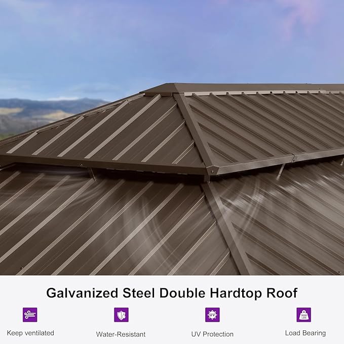 PURPLE LEAF 14' X 28' Outdoor Hardtop Gazebo Patio Wide Aluminum Frame Metal Double Roof with Heavy Duty Netting and Curtains for Permanent Hard Top Pavilion Screen Khaki