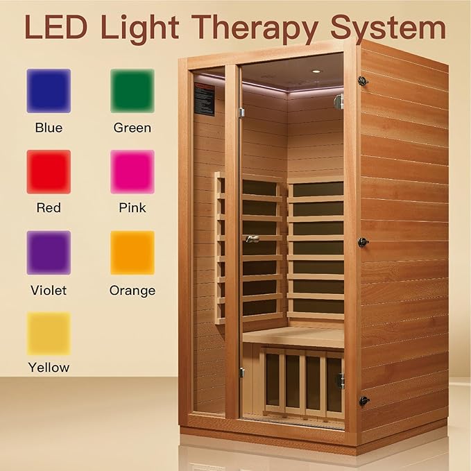 1 Person Far Infrared Sauna for Home, Low EMF Sauna Heater, Chromotherapy Lighting, Premium Wood Home Sauna for Meditation and at Home Spa Relaxation, 1510W/120V (1 Person)