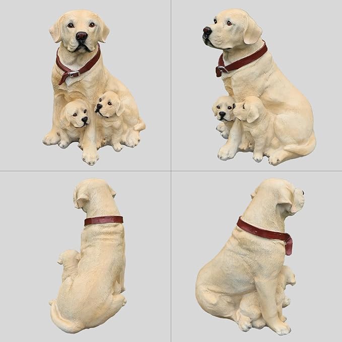 Labrador Retriever Outdoor Dog Family Statue with Reversible “Welcome/ON Patrol” Hanging Plaque and Solar Lantern, Yellow Mom with Two Puppies, Sitting Yard Greeter