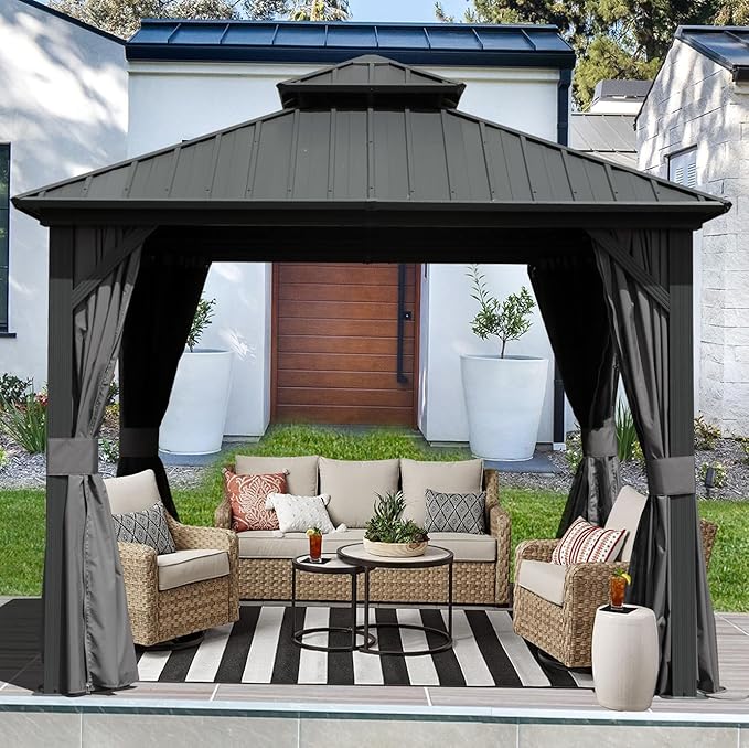 Domi Hardtop Gazebo 10x10FT, Aluminum Outdoor Gazebo with Galvanized Steel Double Roof Canopy, Curtains and Netting Included, Metal Gazebo Permanent Pavilion for Patio, Lawn, Garden, Gray