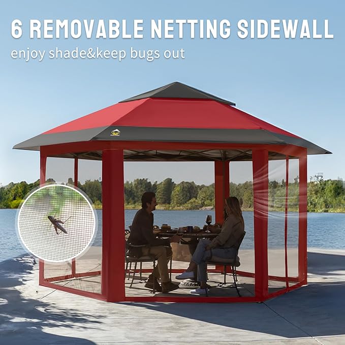 CROWN SHADES 13x13 Pop up Gazebo with Mosquito Nettings, Patented Center Lock 6-Sided Portable Gazebo, 300D Silver-Coated Fabric UV Resistant, Pop Up Canopy Tent for Patio, Party, Red&Grey