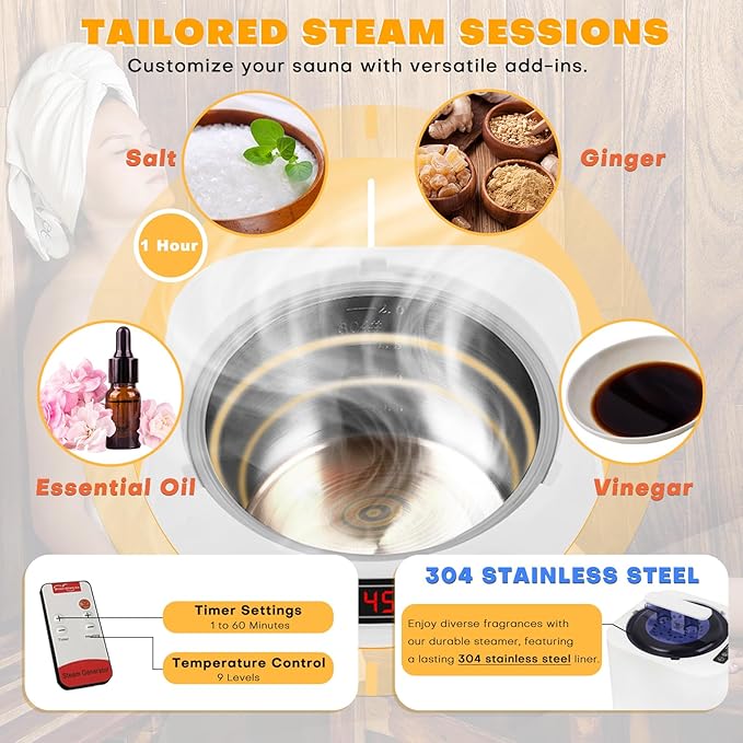 Portable Steam Sauna Tent Full Size, Oversized Personal Sauna Kit for Home Spa, Lightweight Sauna Box with Steamer, Time & Temperature Remote Control, Foldable Chair, 32'' x 32'' x 63''