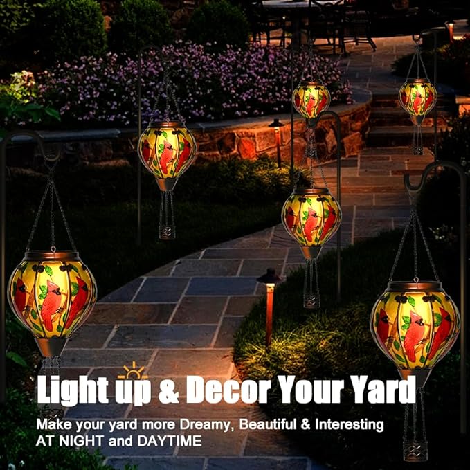 Hot Air Balloon Solar Lantern - Cardinal Bird Glass Lantern, Simulated Flickering & Dancing Flame, Outdoor Hanging Yard Light Waterproof IP65 for Patio Lawn Porch Decor Gift