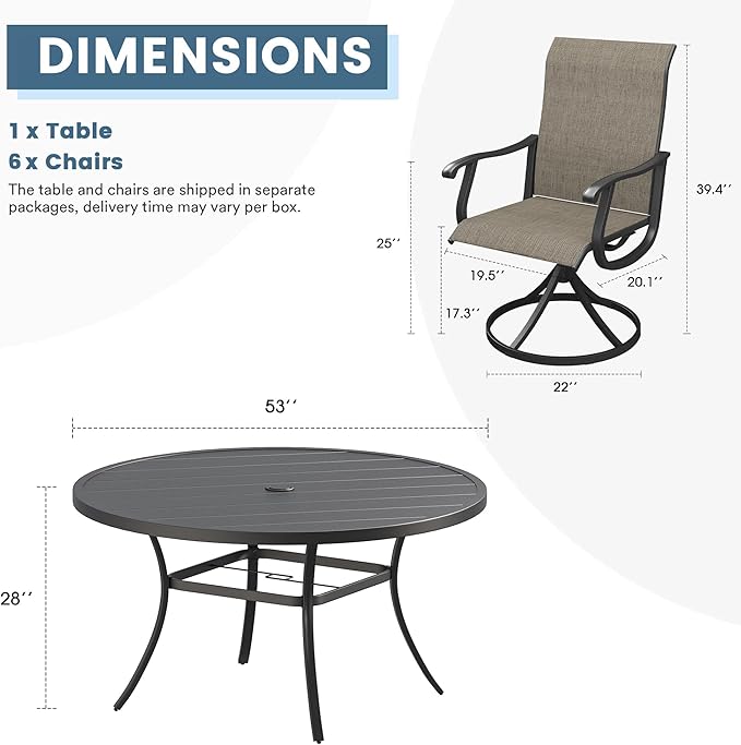 DIFY 7 Pieces Outdoor Patio Dining Set, 6 Brown Textilene Swivel Dining Chairs and 53" Black Round Metal Dining Table, Outdoor Table and Chairs