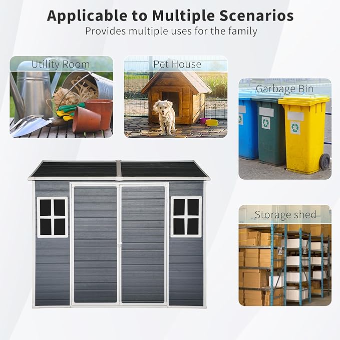 8x6 FT Resin Outdoor Storage Shed with Floor, Windows & Lockable Doors Waterproof All-Weather Garden Shed for Backyard, Patio, and Lawn Equipment Storage, Grey