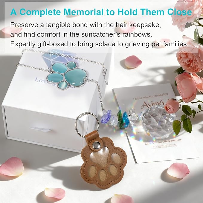 Pet Memorial Gifts for Loss of Dog or Cat, AVIMO Crystal Suncatcher with Rainbow Light Effect and Paw Print Design, Includes Fur Keepsake Keychain, Sympathy Gift Set for Remembrance & Bereavement