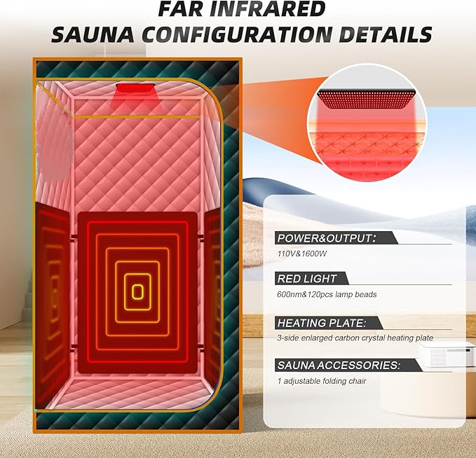 Smartmak Portable Infrared Sauna,1 Person Infrared Sauna Box with 660nm Red Light Therapy, Full Size Sauna Tent for Home, Foot Heating Pad, Folding Chair (Orange-1Person)
