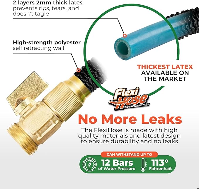 Flexi Hose Lightweight Expandable Garden Hose, No-Kink Flexibility, 3/4 Inch Solid Brass Fittings and Double Latex Core (100 FT, Black)