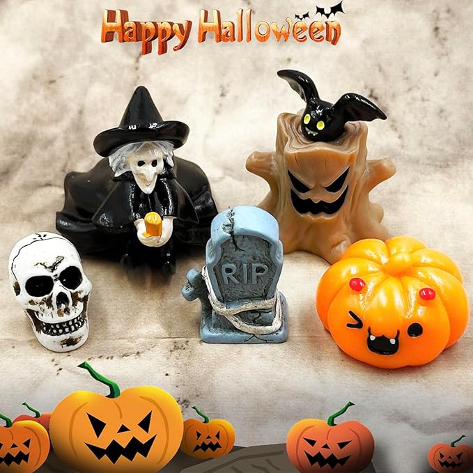 Halloween Miniature Figurines - 18Pcs Resin Pumpkin Ghost Tombstones Ornaments Halloween Garden Accessories Miniature Figurine Decorations for Outdoor Statues Home Village Bonsai Crafts Decor