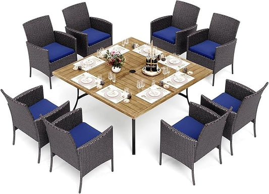 PHI VILLA 9 Pieces Square Outdoor Dining Set for 8, 60” Wood-Like Large Metal Steel Dining Table & Rattan Wicker Chairs with Cushions, Dining Furniture Set for Patio, Deck, Yard, Porch