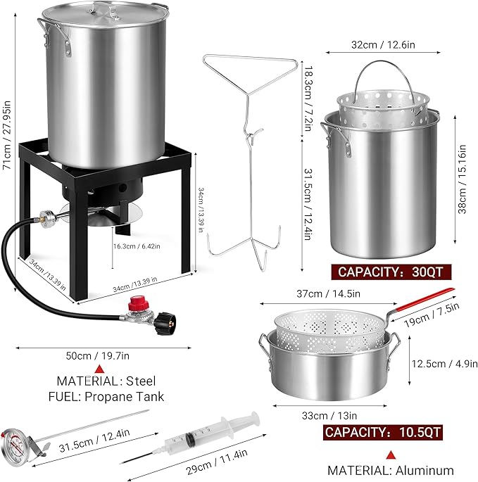 Turkey Fryer with Boiler Steamer Set Basket & 55000BTU Propane Burner, Outdoor Deep Fryer & Seafood Crawfish Boil Pot with Thermometer, Marinade Injector, Turkey Rack & Rack Lifter-OT-3016