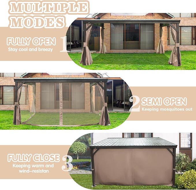 Domi 10x12FT Wall-Mounted Hardtop Gazebo, Aluminum Lean to Gazebo with Galvanized Steel Sloping Roof, Curtains & Netting for Outdoor Patio, Deck, Backyard, Garden Parties