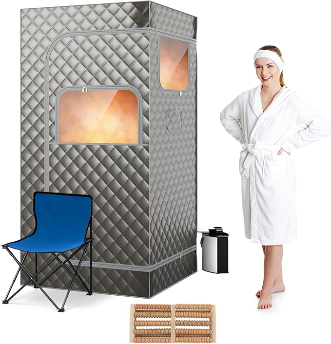 COSTWAY Portable Steam Sauna, Personal Home Sauna Tent w/ 3L Steam Generator, Foldable Chair, Remote Control, 9-Level Adjustable Temperature, Timer, Full-Size Indoor Steam Room for Home Spa (Grey)
