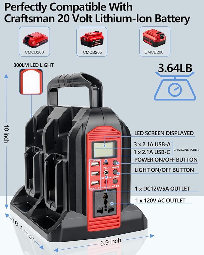 350W Power Inverter for Craftsman 20v V20 Battery, 4-Ports DC 20V to AC 110-120V Pure Sine Wave Battery Inverter with 3 USB-A Port, 1 USB-C Port,300lm LED Light for Camping Travel Emergency(Tool Only)