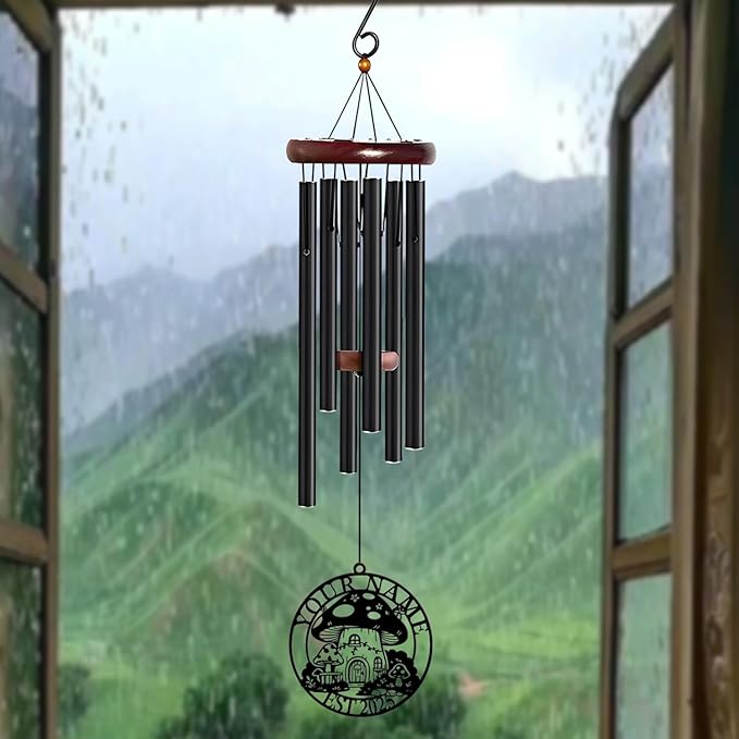 Personalized Customize Name Fantasy Mushroom Wonderland Wind Chime, Metal Iron 37 Inch Outdoor Memorial Gift for Garden Yard Patio Home Decor, Black (Style E)