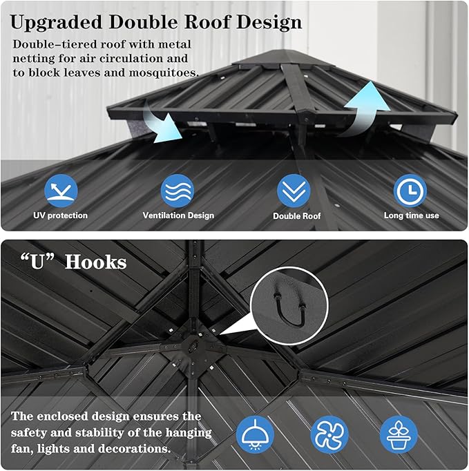 Endark 12x12FT Outdoor Hardtop Double Roof Gazebo with Galvanized Steel Roof, Heavy Duty Metal Frame Canopy with Mosquito Netting and Privacy Curtains (12 * 12FT)