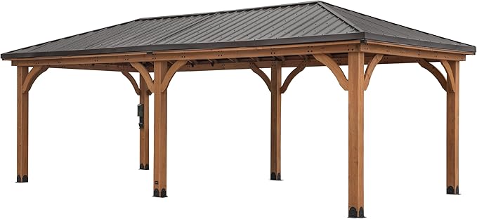 Backyard Discovery Barrington 24' x 12' Cedar Wood Outdoor Gazebo Pavilion with Hardtop Galvanized Steel Hip Roof, Snow Support, Wind Resistance, PowerPort, Shade for Garden, Patio, Deck, Entertaining