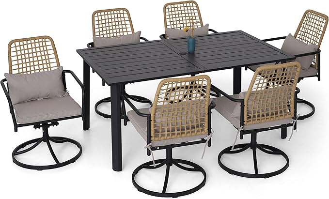 7 Pieces Rattan Patio Swivel Chairs, 63" x 38" Rectangle Table Set and Rocker Wicker Patio Chairs with Cushions