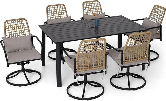 7 Pieces Rattan Patio Swivel Chairs, 63" x 38" Rectangle Table Set and Rocker Wicker Patio Chairs with Cushions