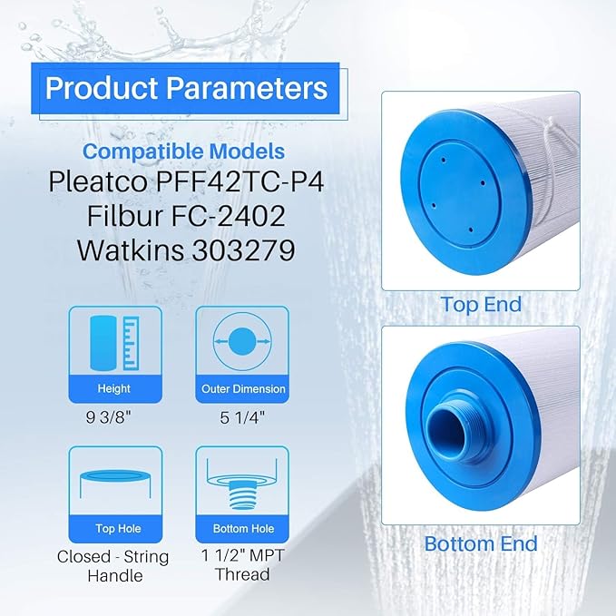 POOLPURE Spa Filter Replaces Watkins 303279, PFF42TC-P4, 5CH-37, 78460, FC-2402, Lifesmart, Freeflow, AquaTerra, Hydromaster, Grandmaster, Simplicity, Bermuda Hot Tub Filters 1PACK