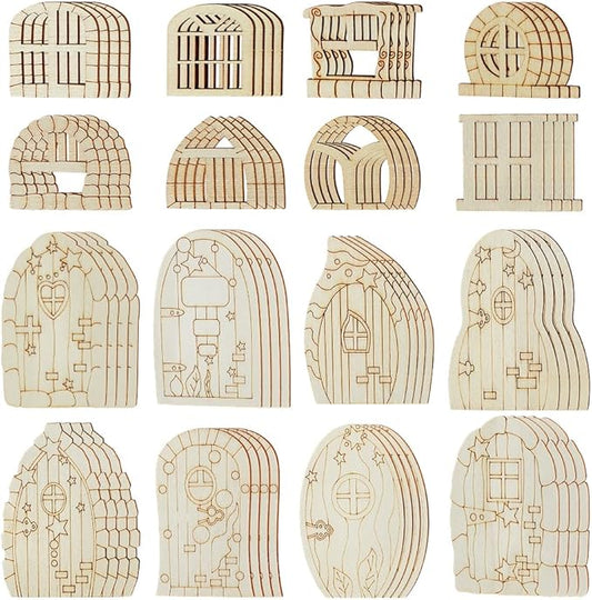 128 Pcs Fairy Doors, 16 Styles Wooden Miniature Garden Door Unfinished DIY Blank Windows for Miniature Fairy Room Decorations
