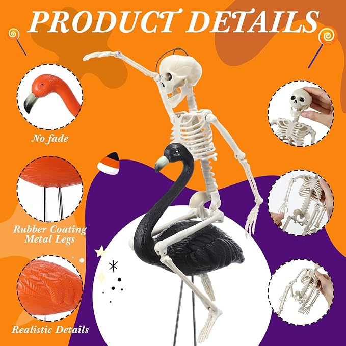Geelin 12 Pcs Halloween Skeletons Flamingo Yard Decorations Skeleton Black Orange Buzzards Stakes for Halloween Lawn Garden Outdoor Party Decorations