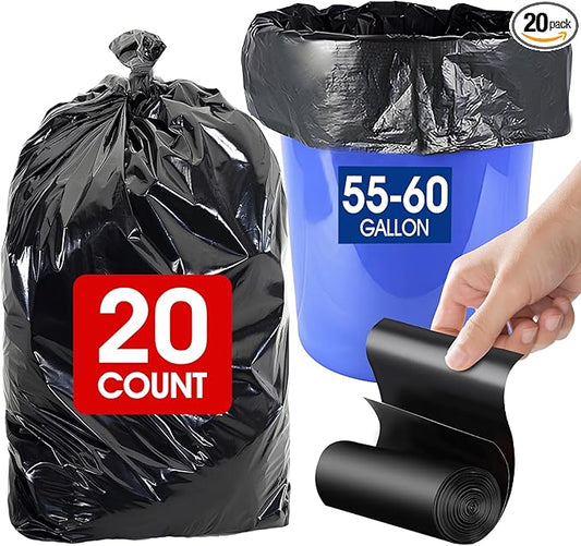 20 Count 55-60 Gallon Trash Bags, Tear-Free Large Black Garbage Bags for Kitchen, Office, Outdoor, Commercial Use, Lawn and Leaf Bags, Lightweight 17 Micron Design for Daily Dry Waste