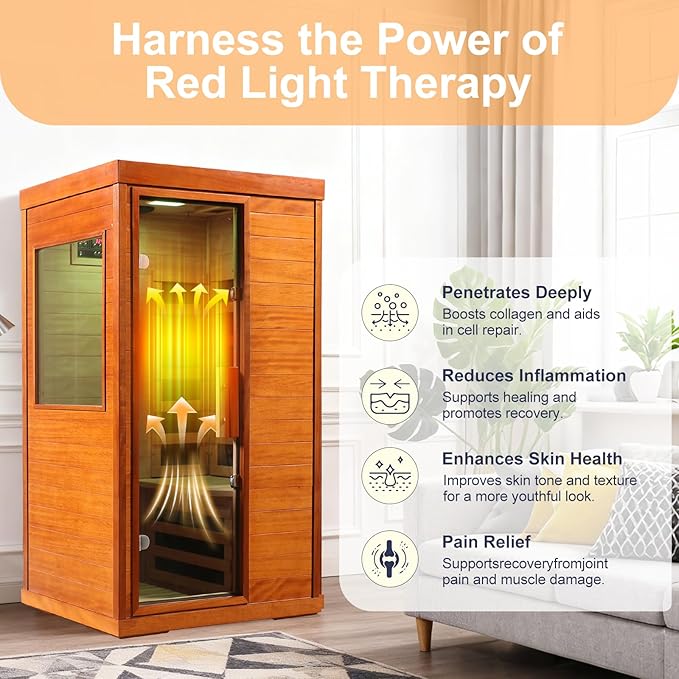 Far Infrared Sauna 1120W 110V, Low EMF Infrared Sauna with Red Light Therapy, Carbon Fiber Infrared Saunas 1 Person W/Bluetooth Speakers/Control Panel for Basement/Home Gym/Bathroom