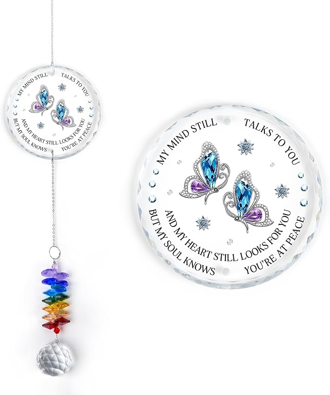Glass Suncatcher Ornament - Memorial Gift for Loss of Loved One - My Mind Still Talks to You - Bereavement Keepsake - Crystal Rainbow Maker - Hanging Crystal Decor - Daily Remembrance