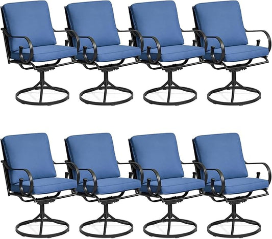 MELLCOM Patio Swivel Chair Set of 8, Heavy Duty Outdoor Dining Chairs with Thickened Cushions, Metal Patio Chairs Gentle Rocker for Outside, Garden Lawn & Porch, Backyard, Blue