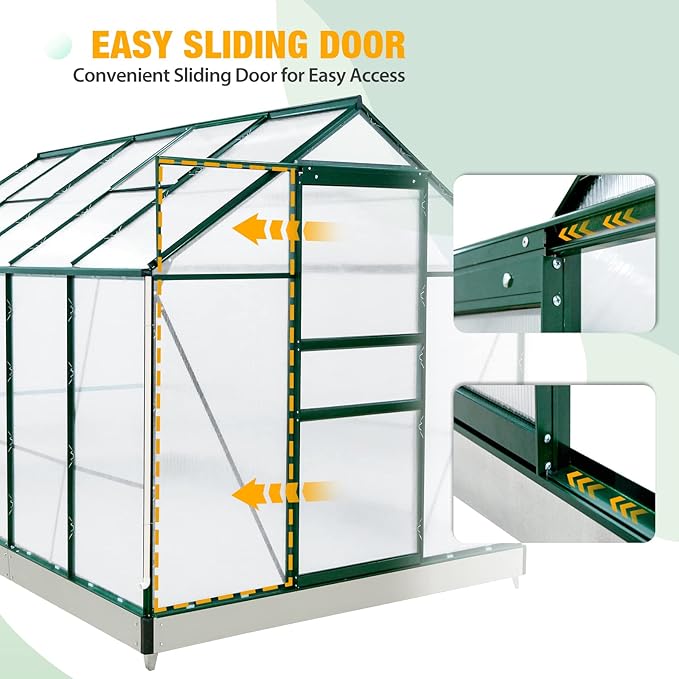 EAGLE PEAK 10x6x7 Outdoor Walk-in Hobby Greenhouse with Adjustable Roof Vent, Rain Gutter, Base and Anchor, Polycarbonate Aluminum Green House for Backyard Garden, Dark Green