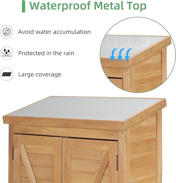 68''x33''x20'' Outdoor Wooden Storage Shed with Metal Top Tall Vertical Tool Cabinet for Backyard Garden Patio Lawn (Gold)