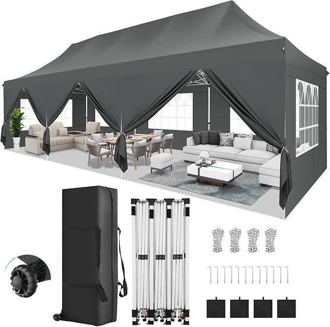 COBIZI 10x30 Pop Up Canopy Party Tents for Parties Waterproof Outdoor Event Shelter with 8 Sidewalls Camping Commercial Wedding Portable Easy to Set up Gazebo Tent for Backyard, Grey
