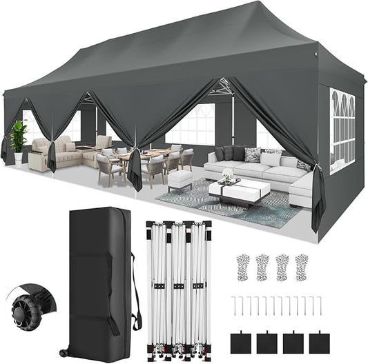 COBIZI 10x30 Pop Up Canopy Party Tents for Parties Waterproof Outdoor Event Shelter with 8 Sidewalls Camping Commercial Wedding Portable Easy to Set up Gazebo Tent for Backyard, Grey