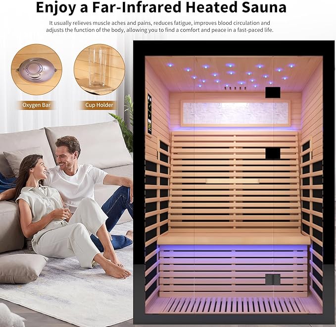 Sauna Infrared Far Infrared Sauna for Home 2 person Sauna with Hemlock Wood 2160W Dry Sauna for Home 2 Person Infrared Sauna Low EMF Indoor Sauna for Two Person in Home Sauna with Bluetooth Speakers