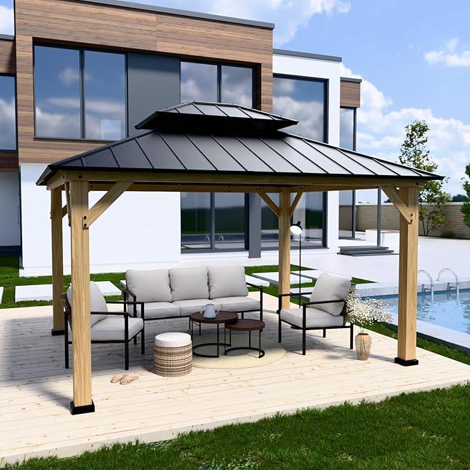 COOS BAY 11x13 Hardtop Gazebo with Cedar Wood Frame, Galvanized Steel Double Roof Outdoor Pavilion for Garden, Lawn, Poolside, Patio, Deck, Natural Wood/Black
