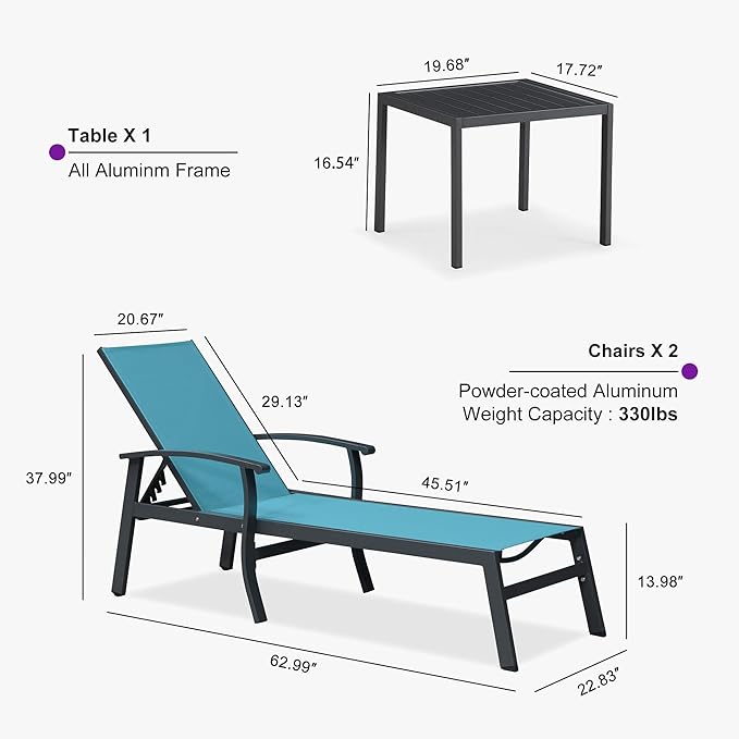 PURPLE LEAF Chaise Lounge Chair Outdoor 2 Pieces Pool Lounge Chairs 5 Adjustable Position with Armrests and Side Table Aluminum Patio Lounge Chair for Outside Backyard Beach Pool, Turquoise Blue
